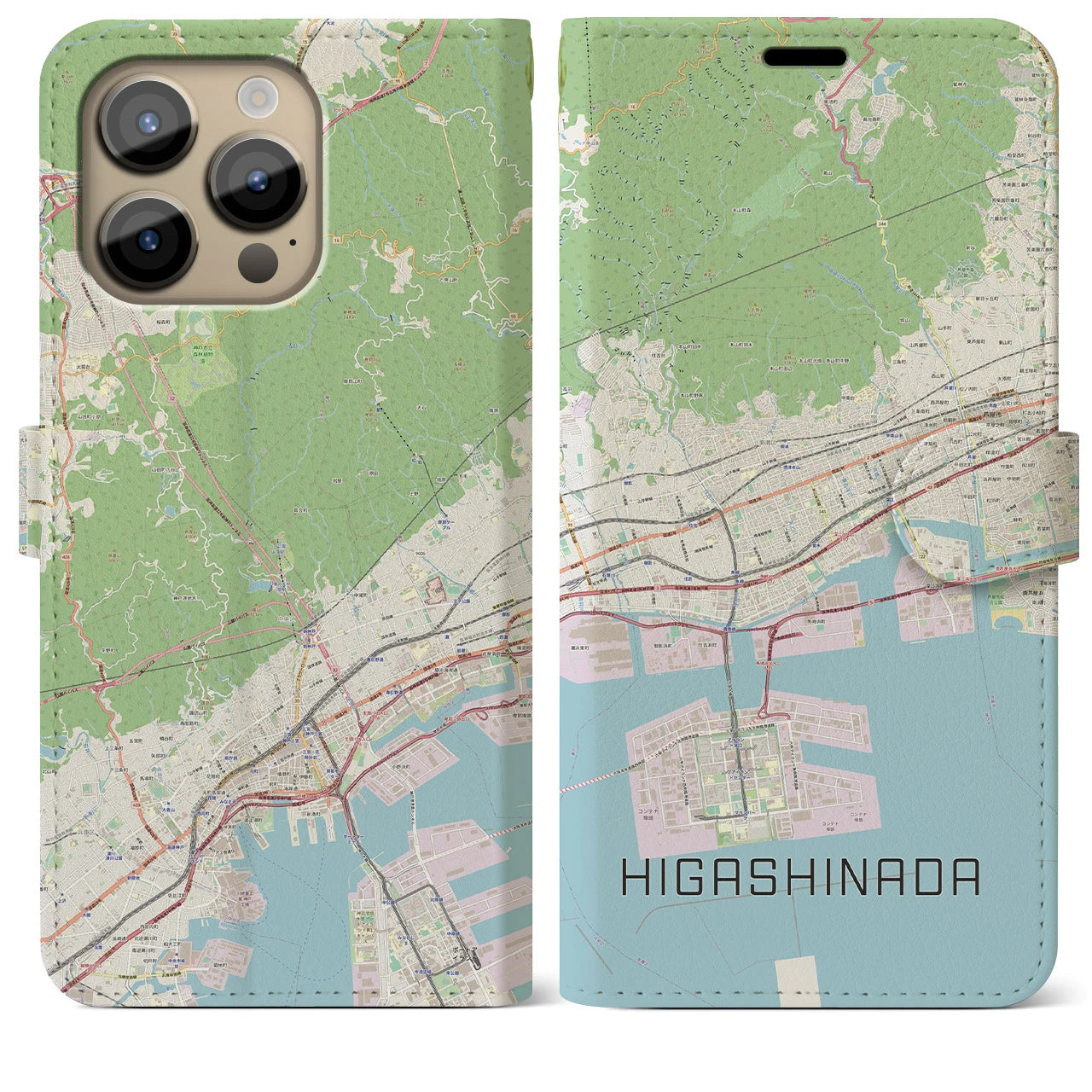 【東灘】地図柄iPhoneケース（手帳両面タイプ・ナチュラル）iPhone 14 Pro Max 用
