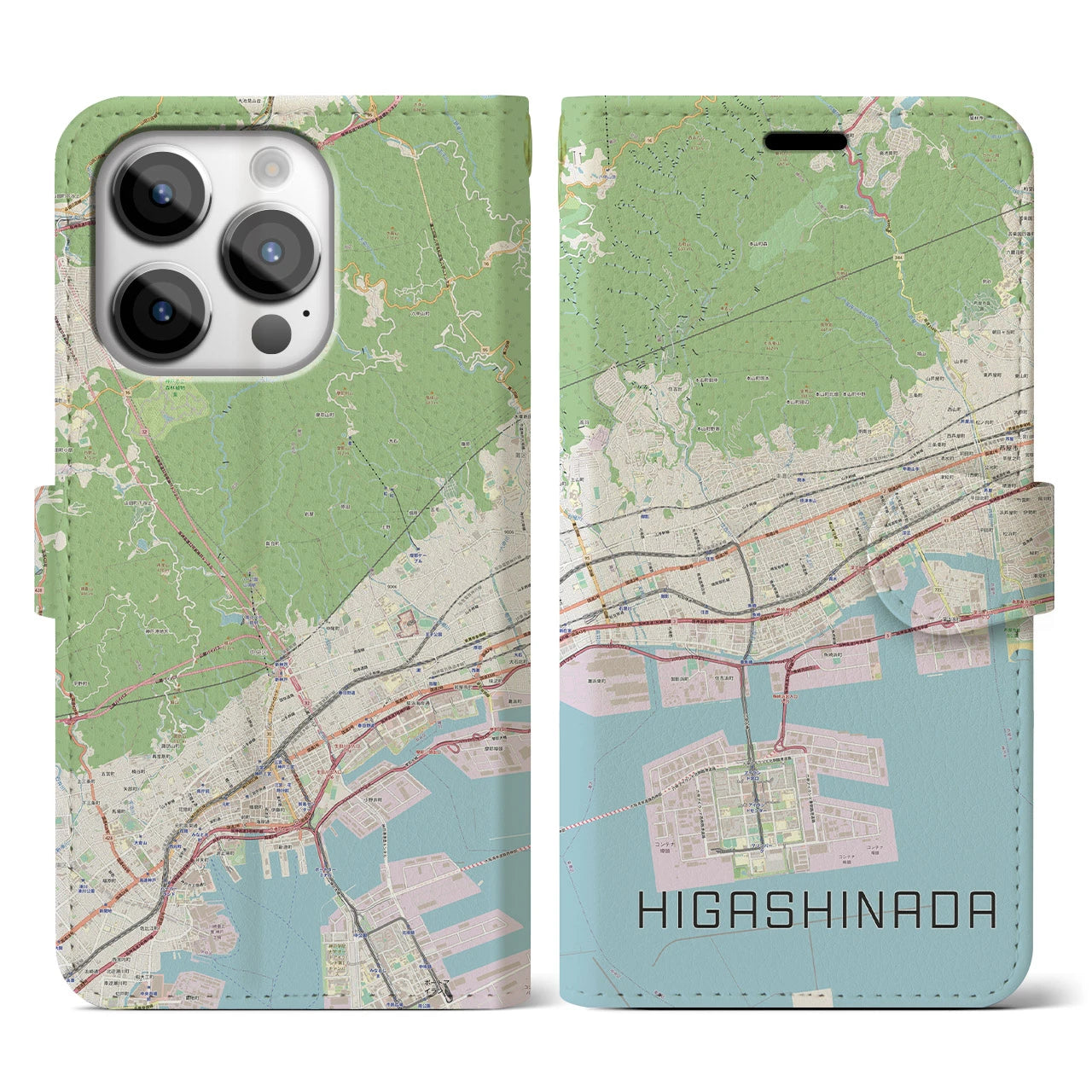 【東灘】地図柄iPhoneケース（手帳両面タイプ・ナチュラル）iPhone 14 Pro 用