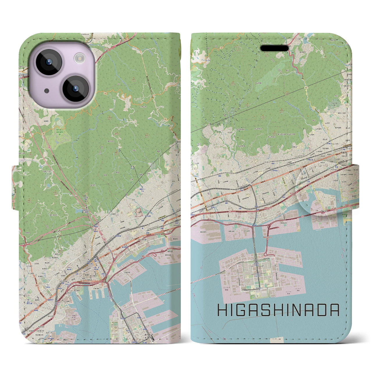 【東灘】地図柄iPhoneケース（手帳両面タイプ・ナチュラル）iPhone 14 用