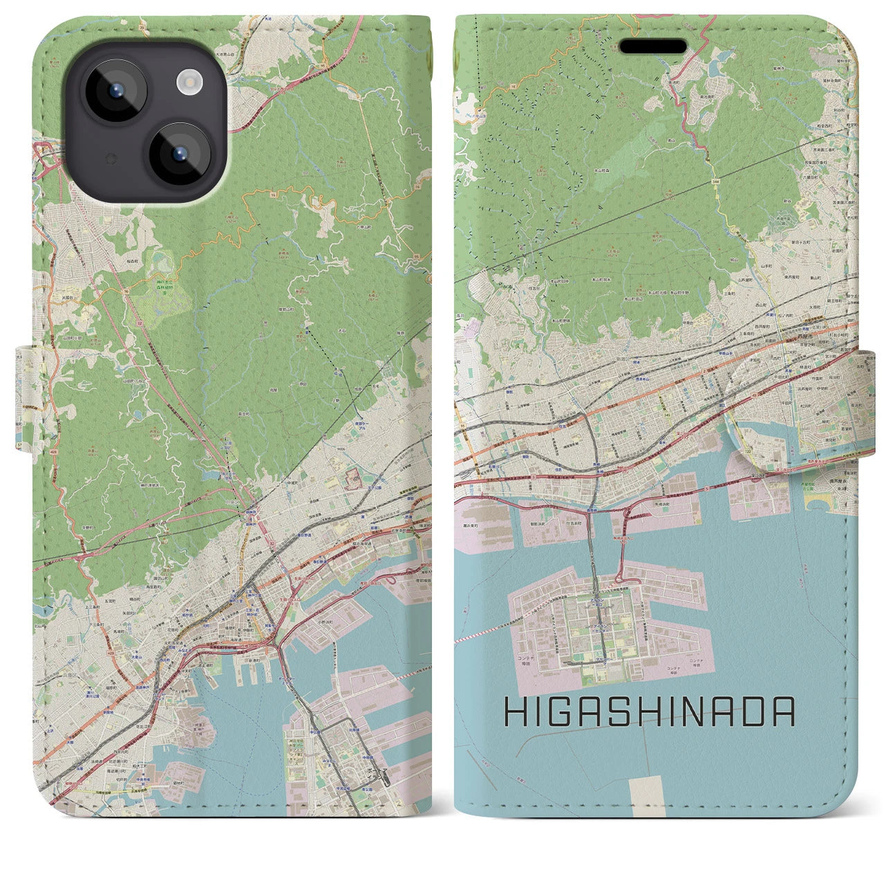 【東灘】地図柄iPhoneケース（手帳両面タイプ・ナチュラル）iPhone 14 Plus 用