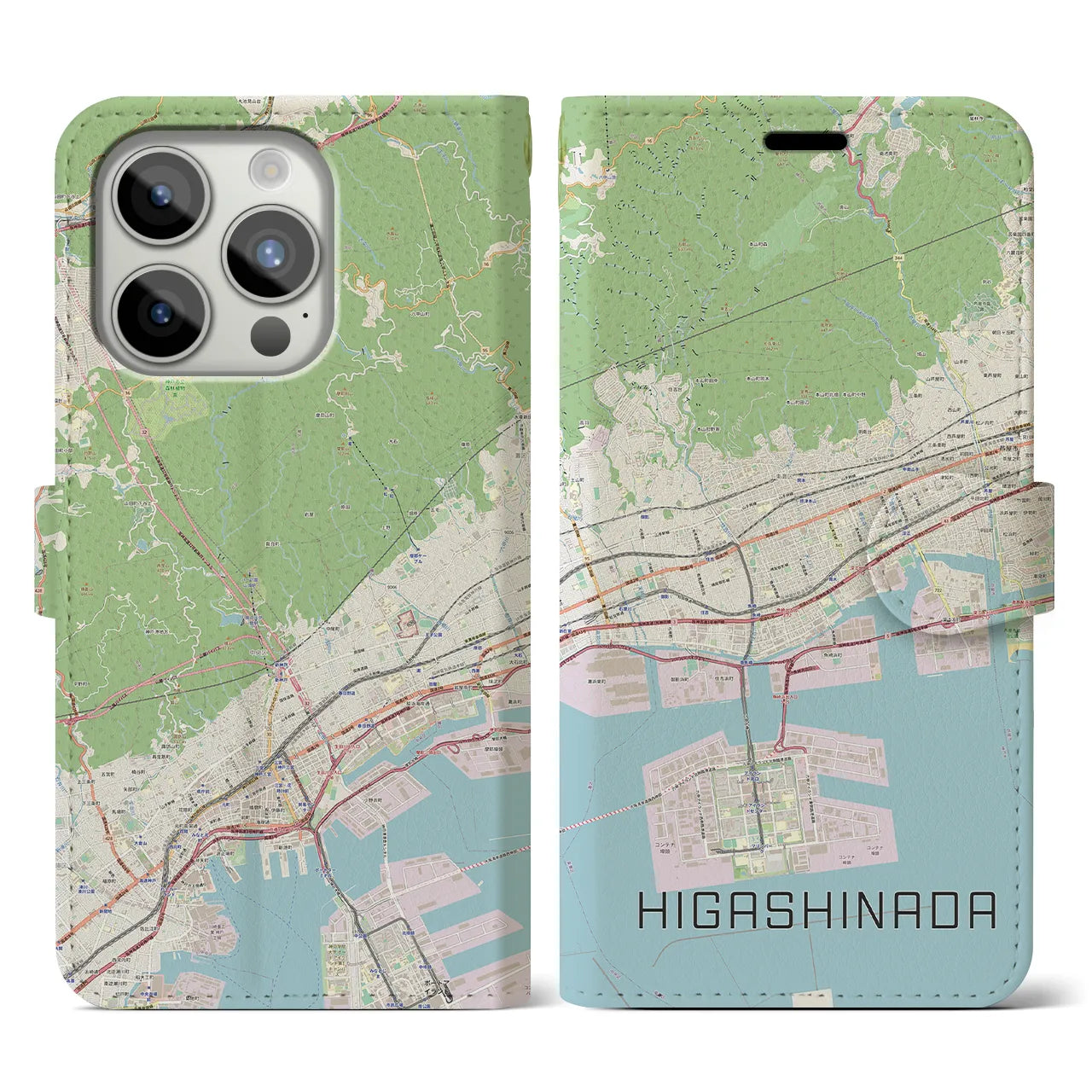 【東灘】地図柄iPhoneケース（手帳両面タイプ・ナチュラル）iPhone 15 Pro 用