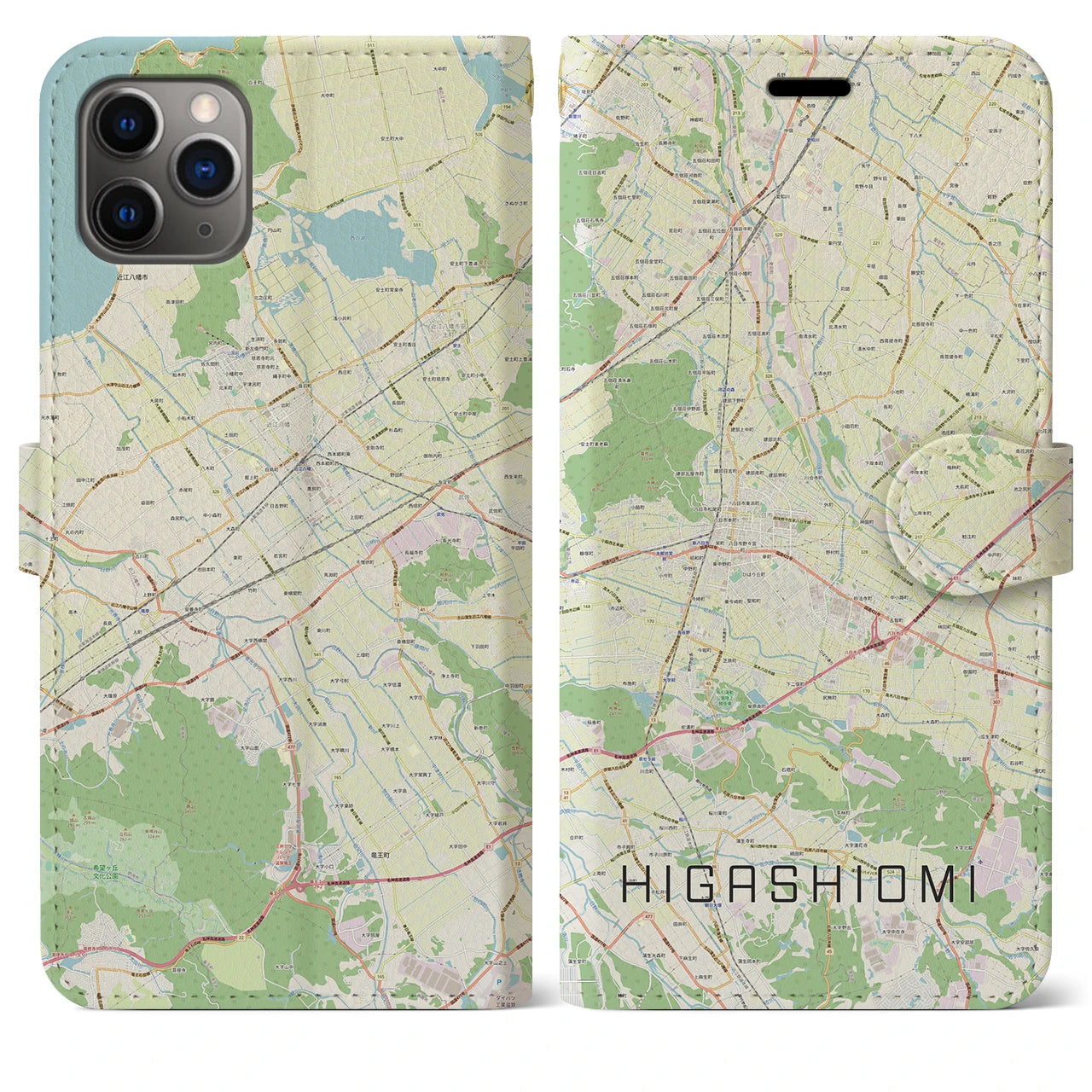 【東近江】地図柄iPhoneケース（手帳両面タイプ・ナチュラル）iPhone 11 Pro Max 用