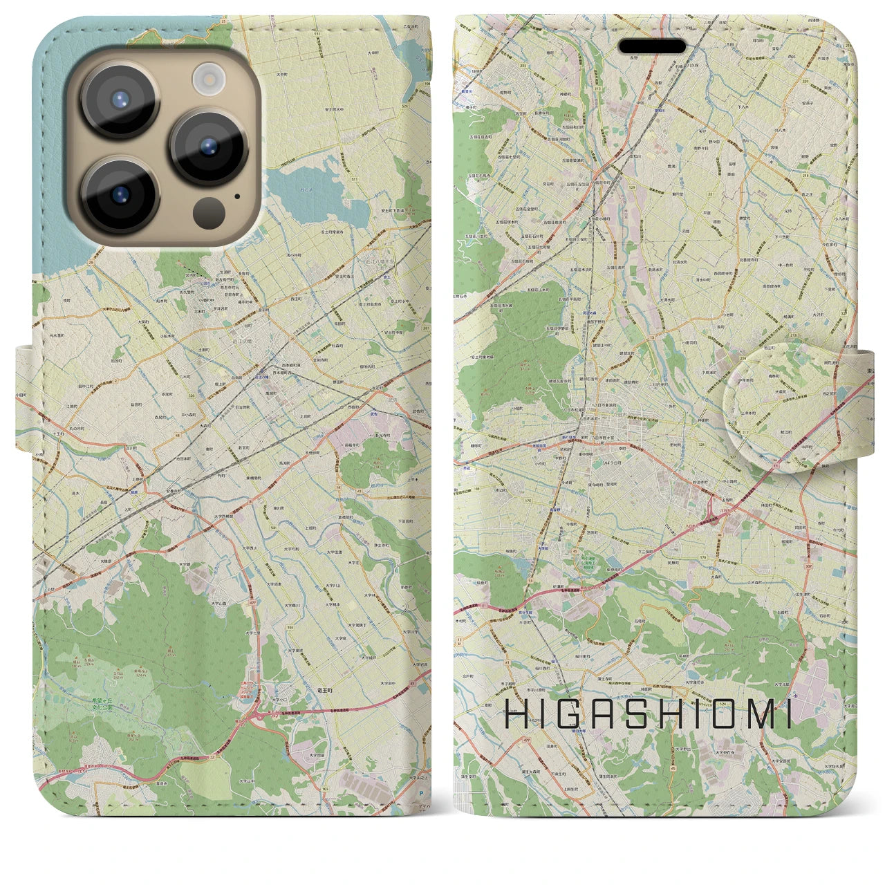 【東近江】地図柄iPhoneケース（手帳両面タイプ・ナチュラル）iPhone 14 Pro Max 用