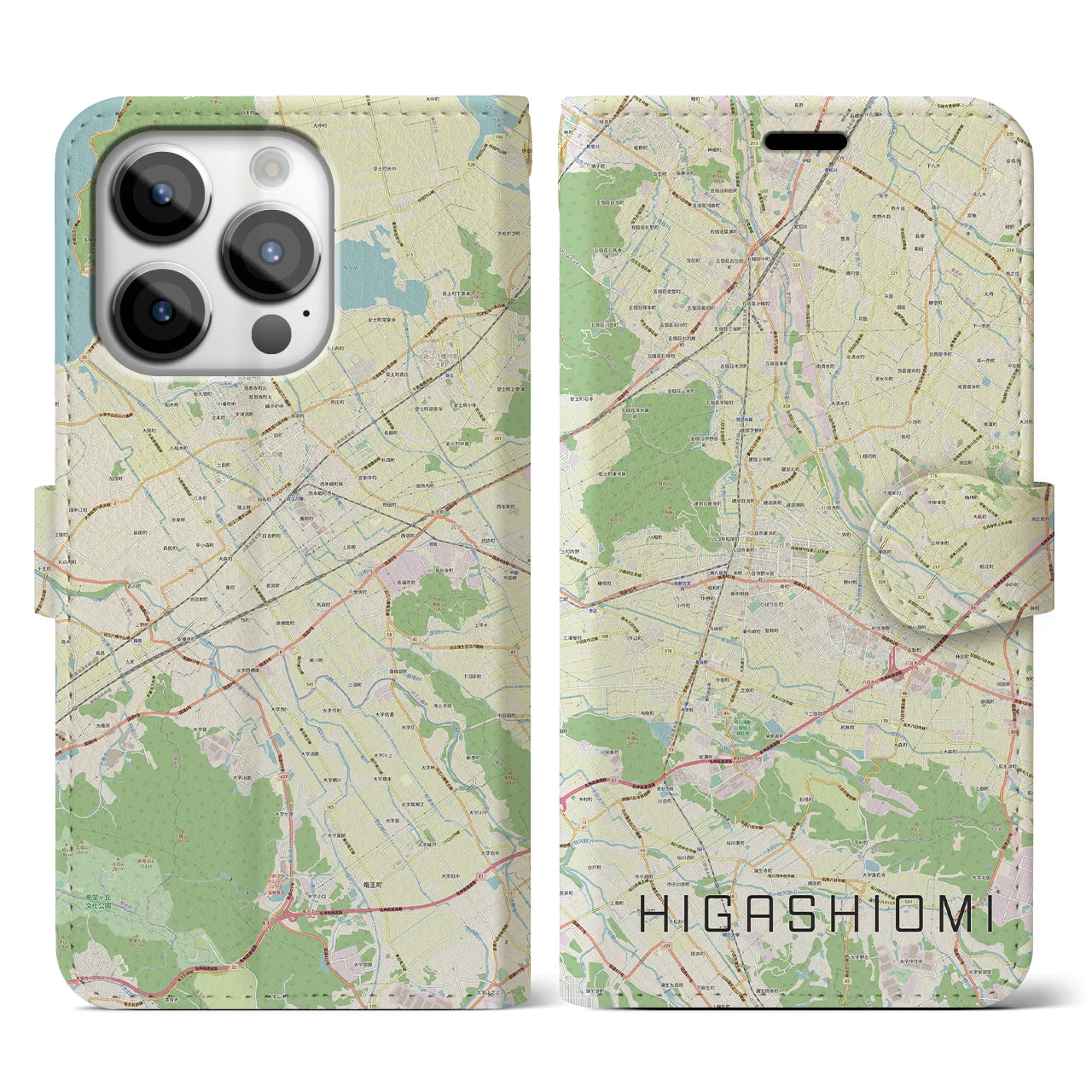 【東近江】地図柄iPhoneケース（手帳両面タイプ・ナチュラル）iPhone 14 Pro 用
