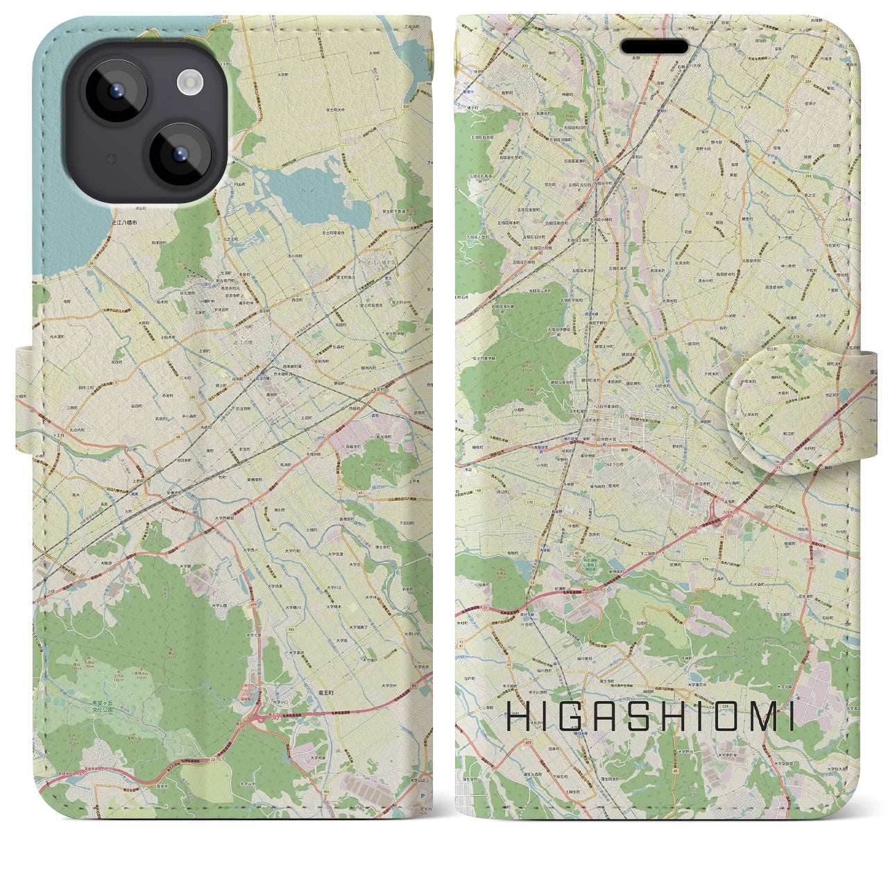 【東近江】地図柄iPhoneケース（手帳両面タイプ・ナチュラル）iPhone 14 Plus 用