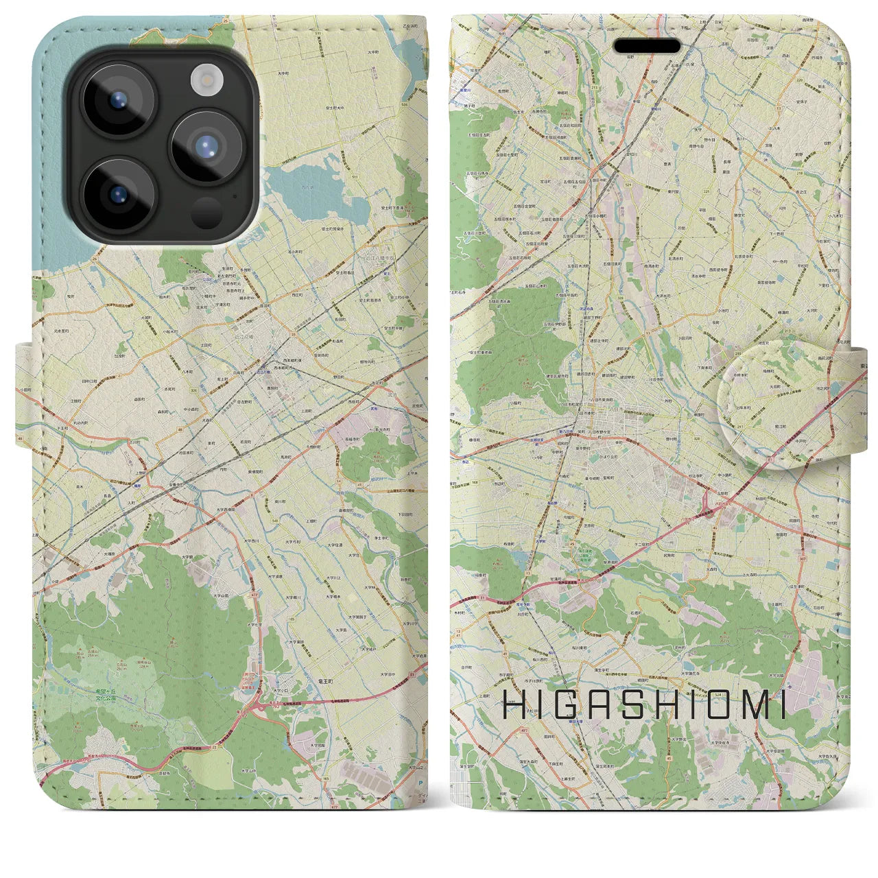 【東近江】地図柄iPhoneケース（手帳両面タイプ・ナチュラル）iPhone 15 Pro Max 用