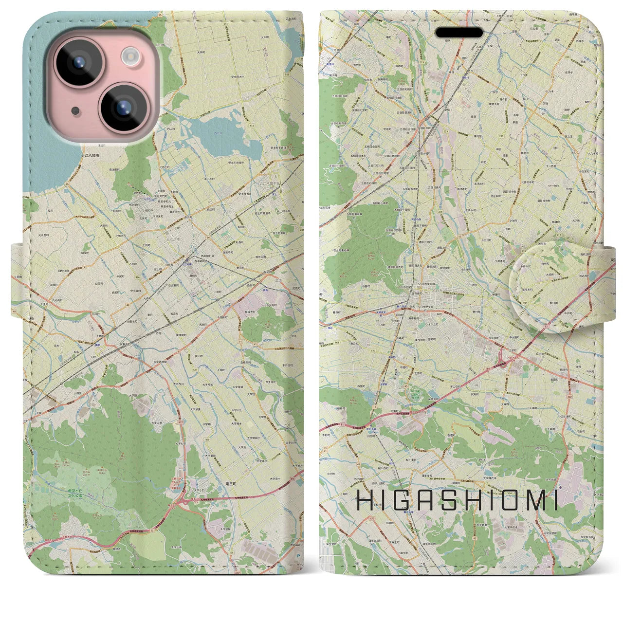 【東近江】地図柄iPhoneケース（手帳両面タイプ・ナチュラル）iPhone 15 Plus 用