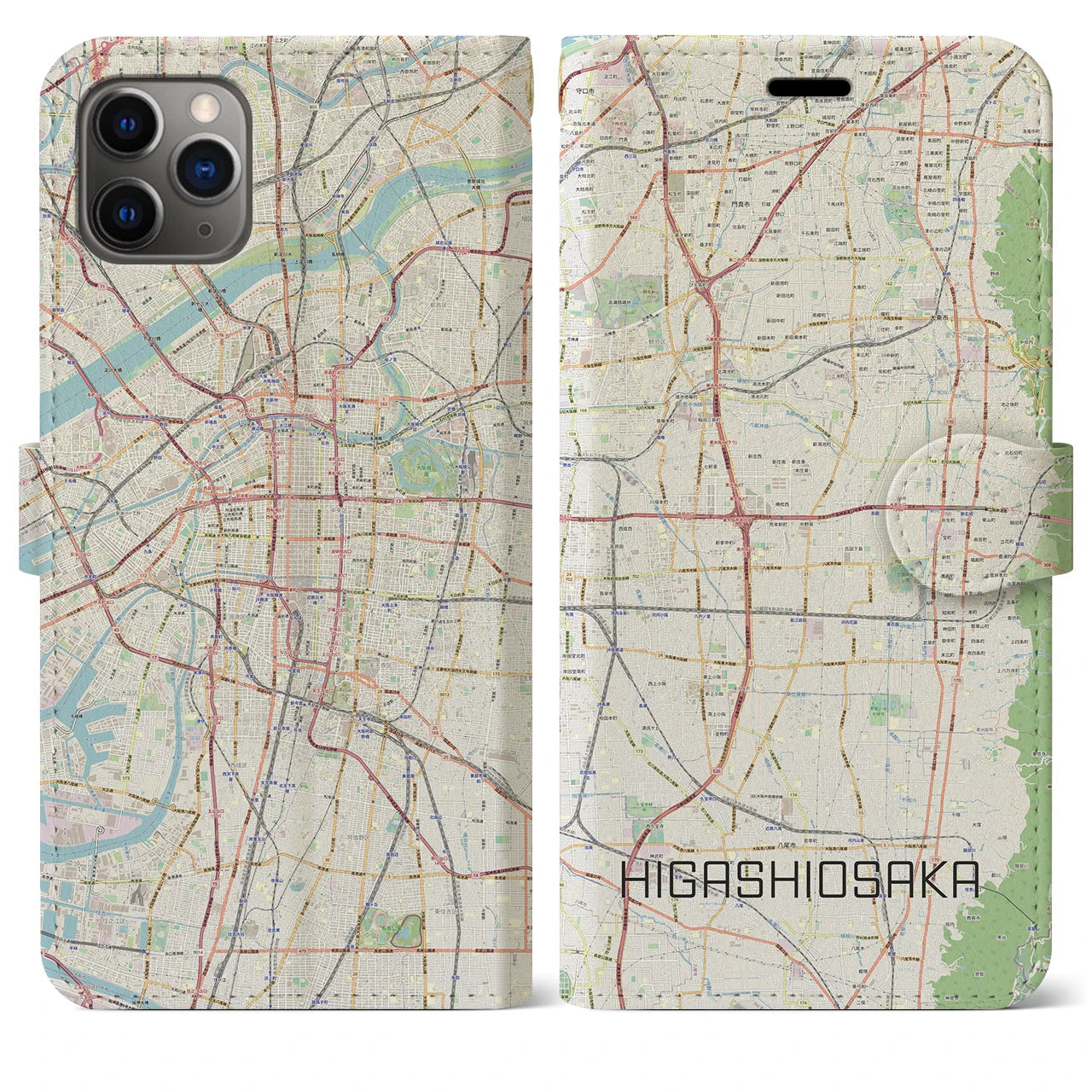 【東大阪】地図柄iPhoneケース（手帳両面タイプ・ナチュラル）iPhone 11 Pro Max 用