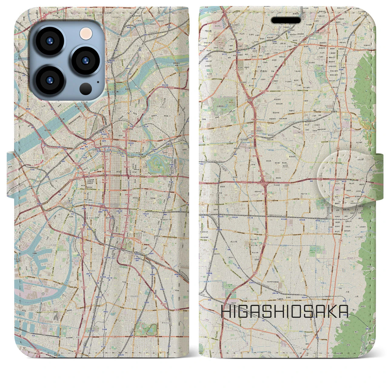【東大阪】地図柄iPhoneケース（手帳両面タイプ・ナチュラル）iPhone 13 Pro Max 用