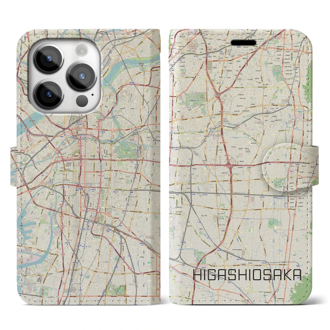 【東大阪】地図柄iPhoneケース（手帳両面タイプ・ナチュラル）iPhone 14 Pro 用