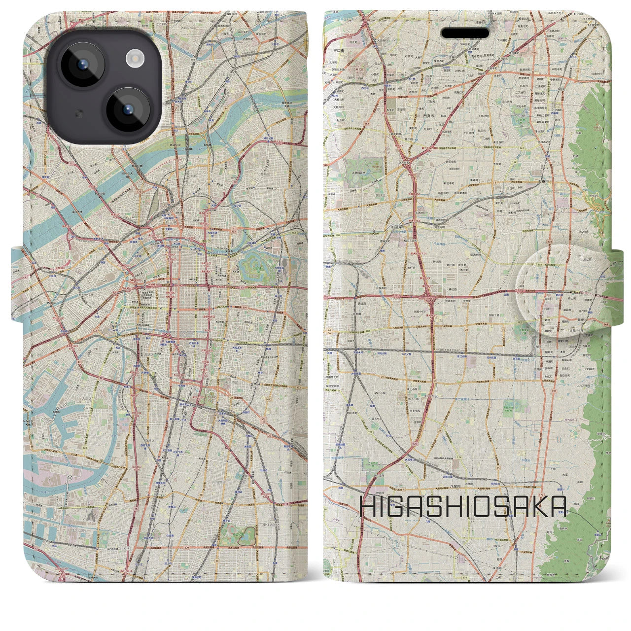 【東大阪】地図柄iPhoneケース（手帳両面タイプ・ナチュラル）iPhone 14 Plus 用