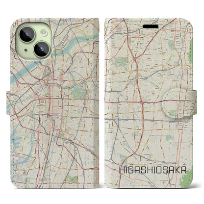 【東大阪】地図柄iPhoneケース（手帳両面タイプ・ナチュラル）iPhone 15 用
