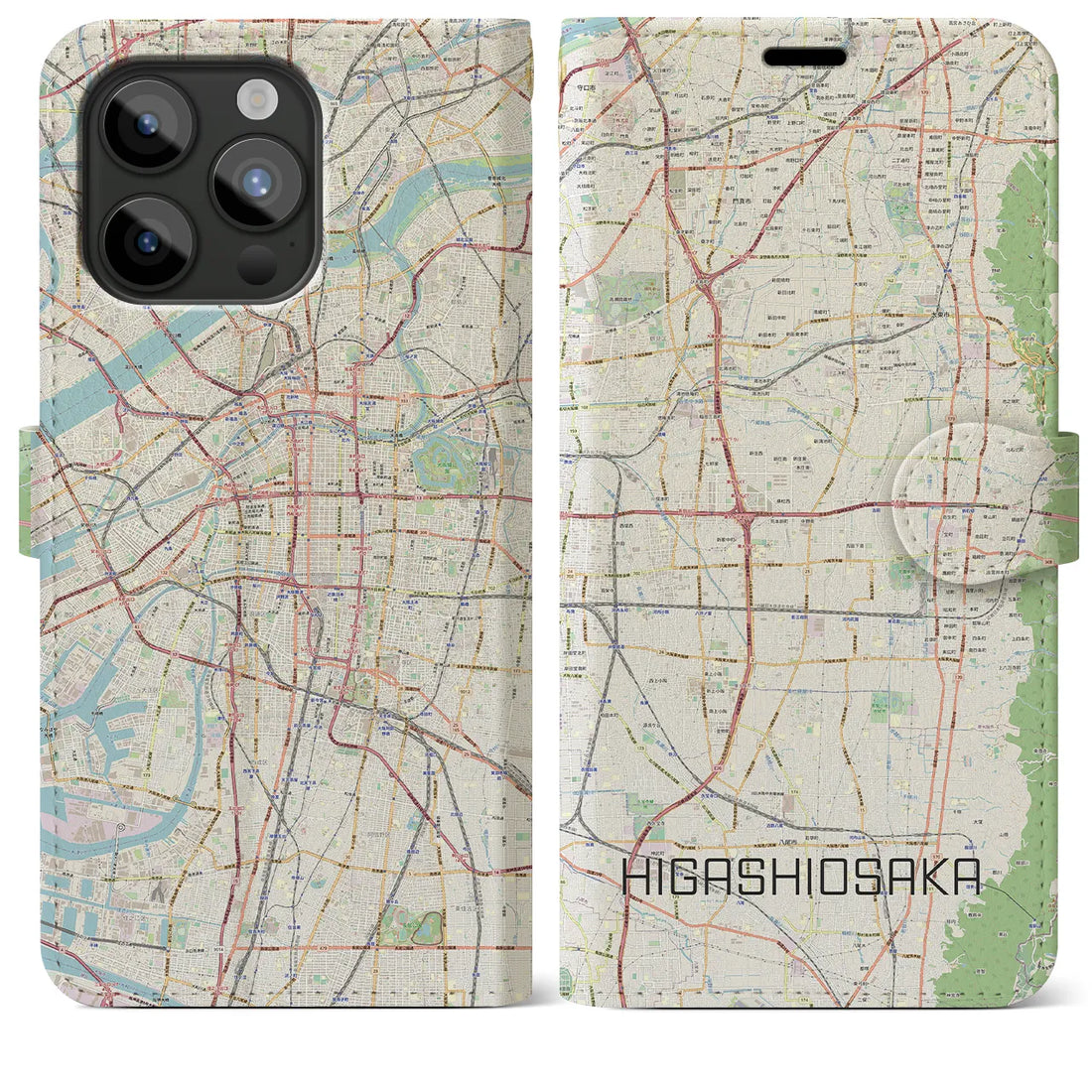 【東大阪】地図柄iPhoneケース（手帳両面タイプ・ナチュラル）iPhone 15 Pro Max 用