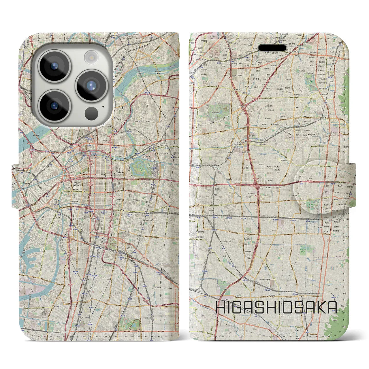 【東大阪】地図柄iPhoneケース（手帳両面タイプ・ナチュラル）iPhone 15 Pro 用