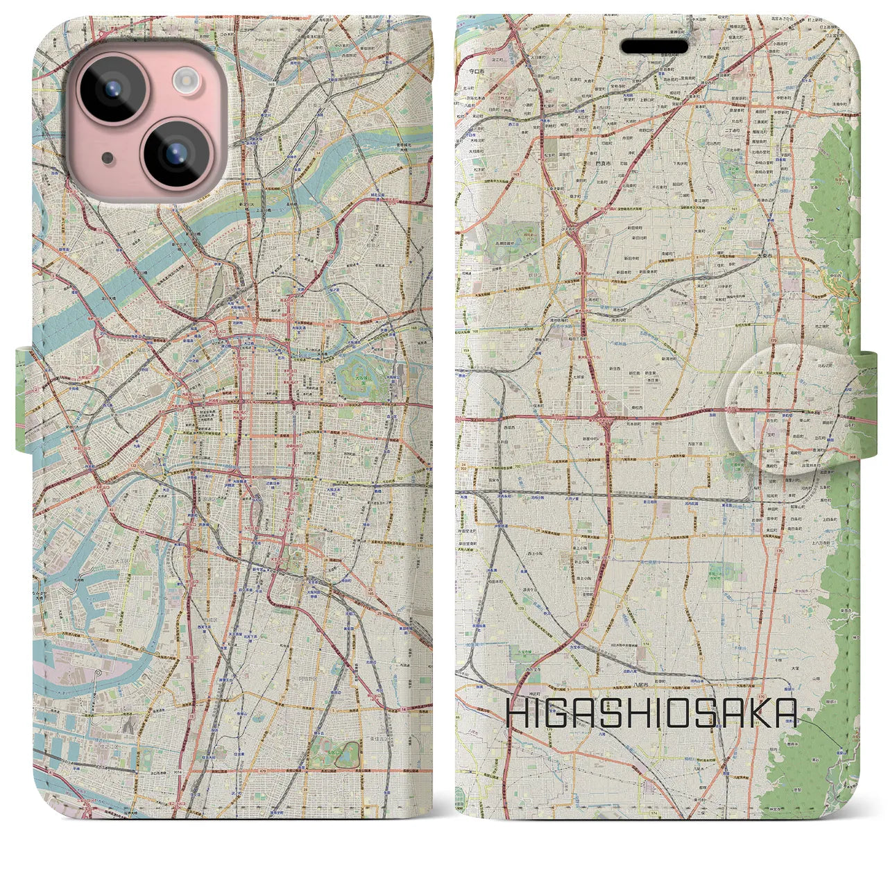 【東大阪】地図柄iPhoneケース（手帳両面タイプ・ナチュラル）iPhone 15 Plus 用