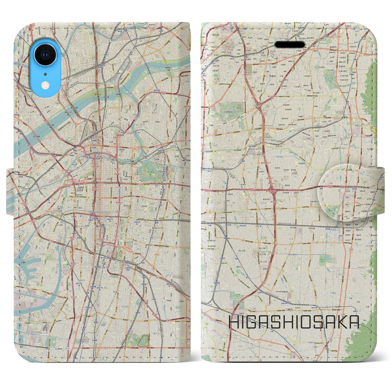【東大阪】地図柄iPhoneケース（手帳両面タイプ・ナチュラル）iPhone XR 用