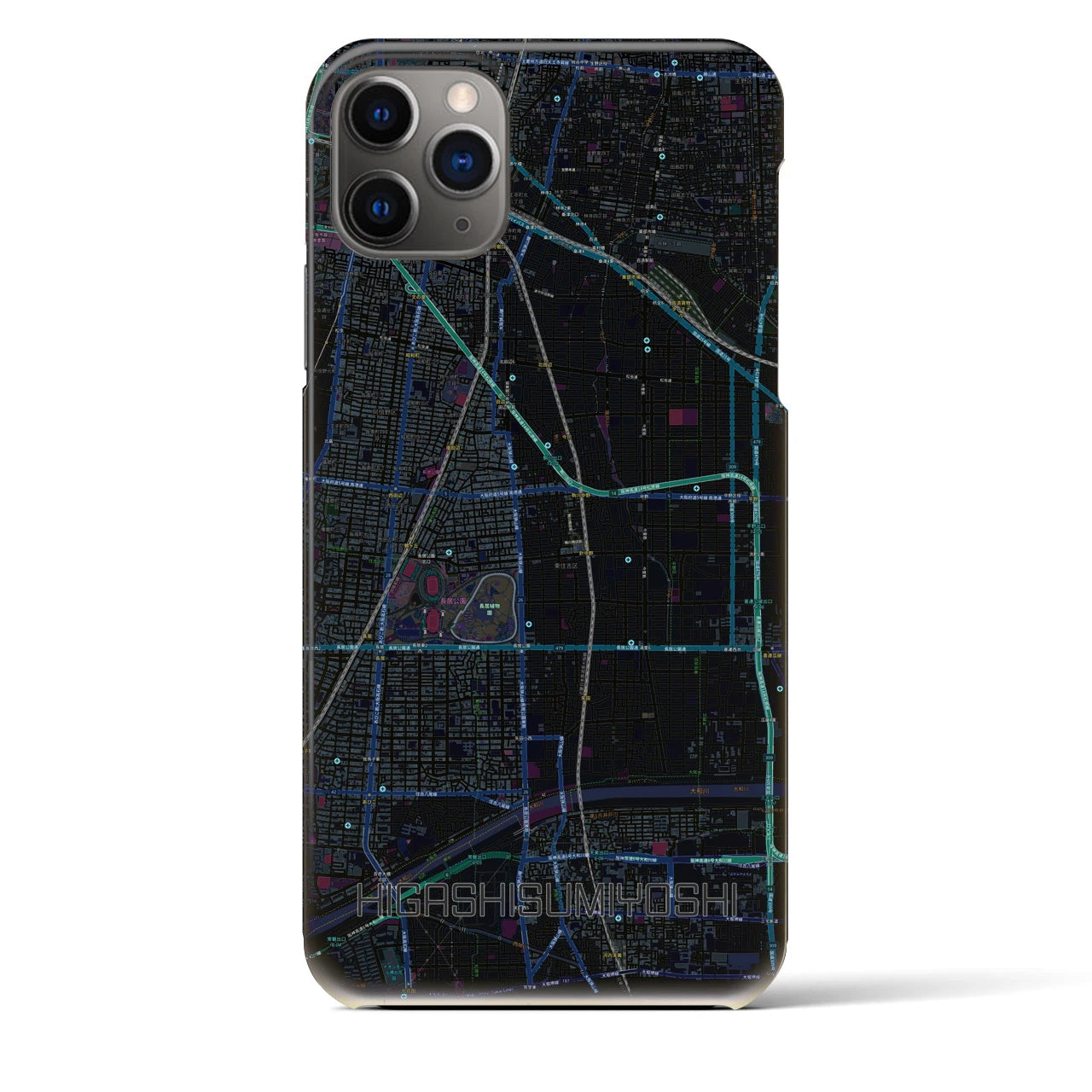 【東住吉】地図柄iPhoneケース（バックカバータイプ・ブラック）iPhone 11 Pro Max 用