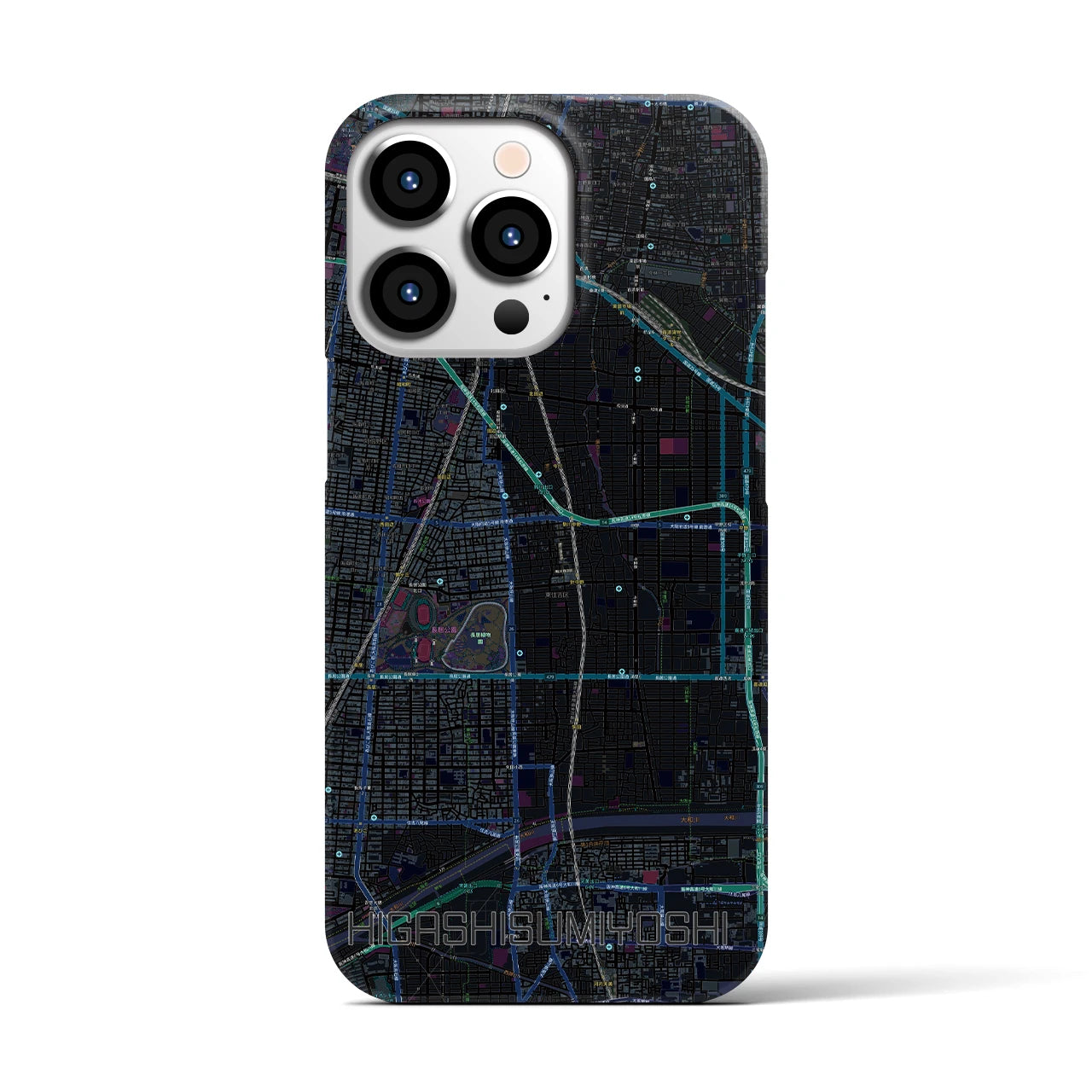 【東住吉】地図柄iPhoneケース（バックカバータイプ・ブラック）iPhone 13 Pro 用