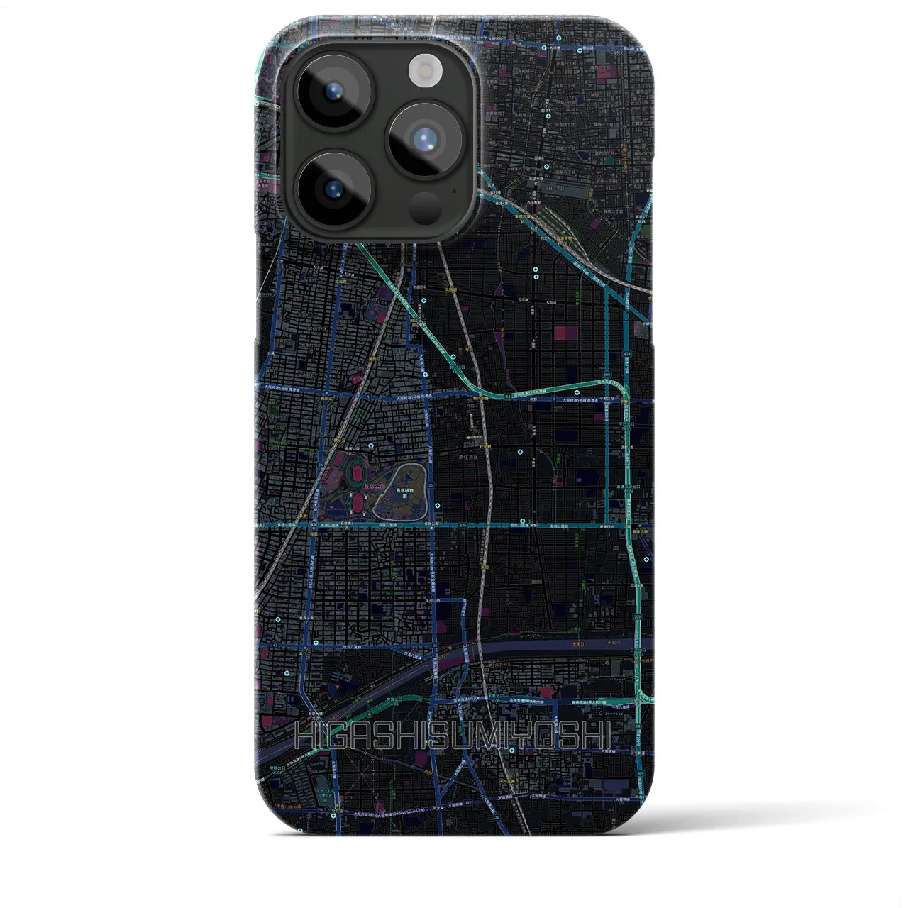 【東住吉】地図柄iPhoneケース（バックカバータイプ・ブラック）iPhone 15 Pro Max 用