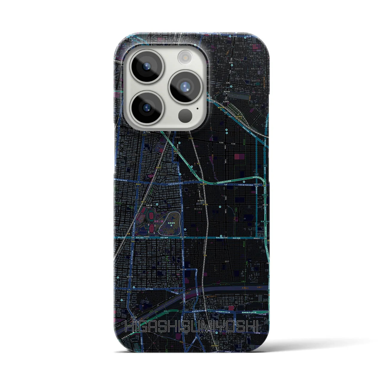 【東住吉】地図柄iPhoneケース（バックカバータイプ・ブラック）iPhone 15 Pro 用