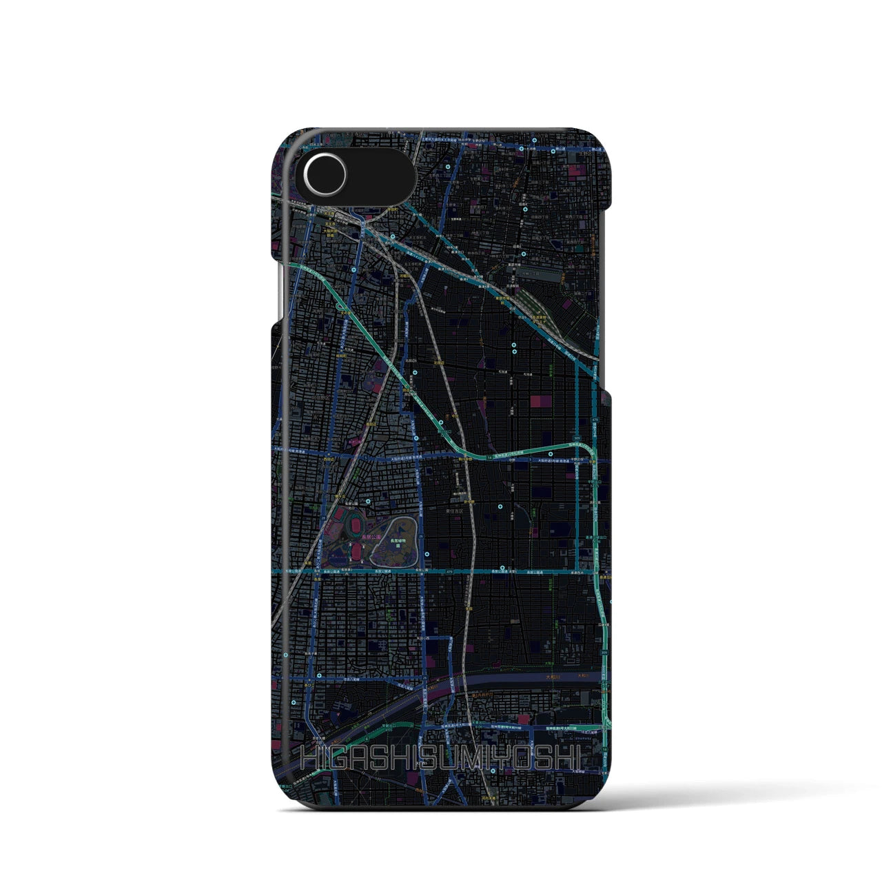 【東住吉】地図柄iPhoneケース（バックカバータイプ・ブラック）iPhone SE（第3 / 第2世代） / 8 / 7 / 6s / 6 用
