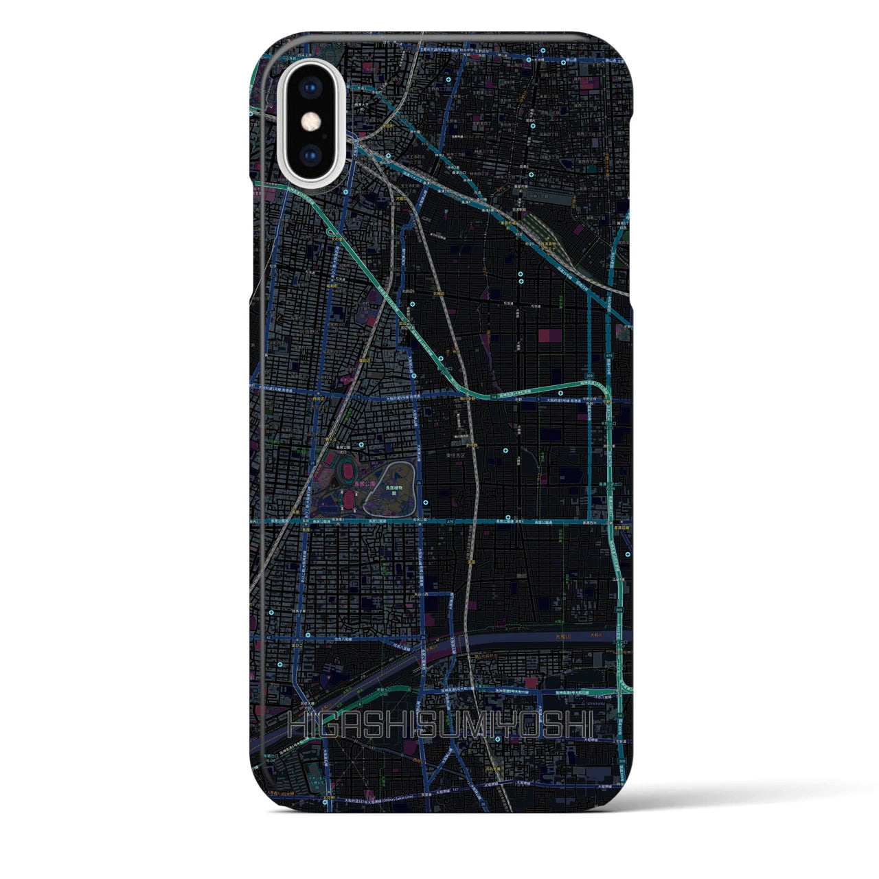 【東住吉】地図柄iPhoneケース（バックカバータイプ・ブラック）iPhone XS Max 用
