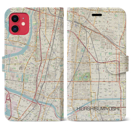 【東住吉（大阪府）】地図柄iPhoneケース（手帳タイプ）ナチュラル・iPhone 11 用