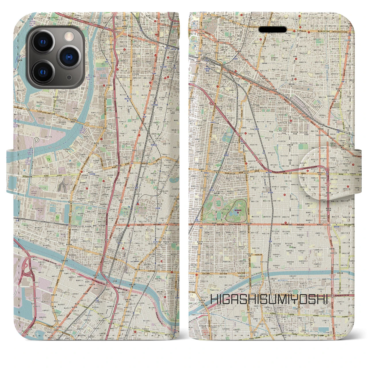 【東住吉】地図柄iPhoneケース（手帳両面タイプ・ナチュラル）iPhone 11 Pro Max 用