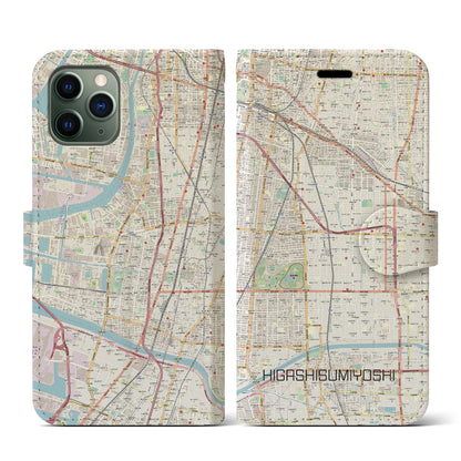 【東住吉（大阪府）】地図柄iPhoneケース（手帳タイプ）ナチュラル・iPhone 11 Pro 用