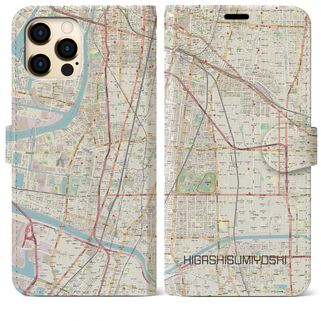 【東住吉】地図柄iPhoneケース（手帳両面タイプ・ナチュラル）iPhone 12 Pro Max 用