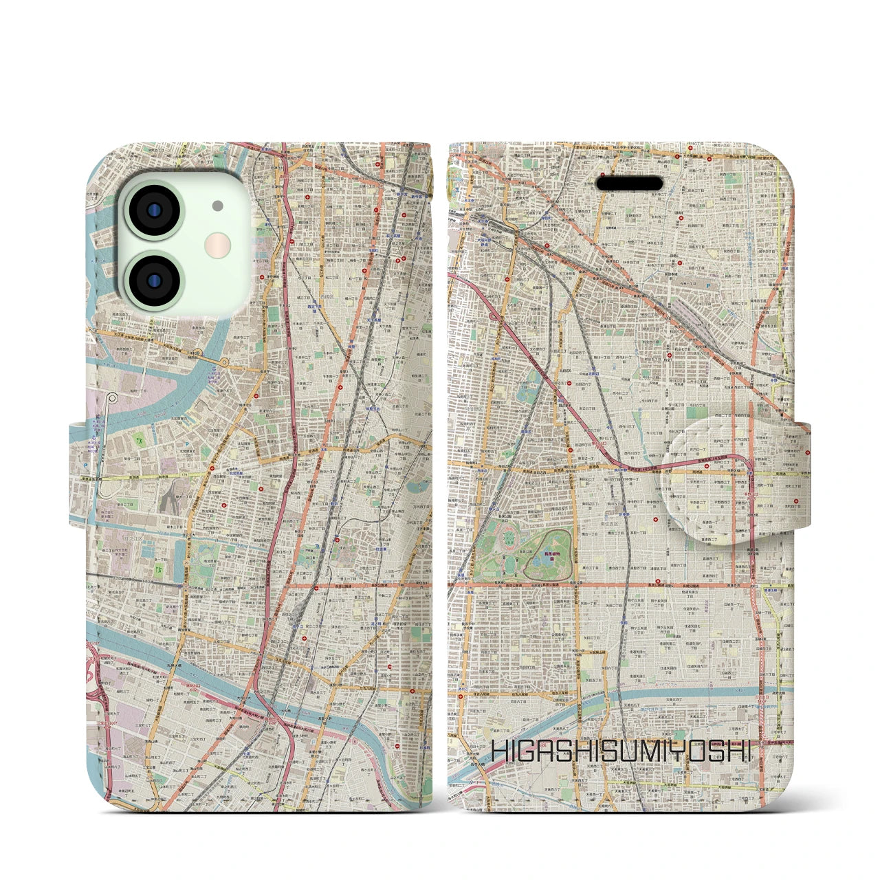 【東住吉】地図柄iPhoneケース（手帳両面タイプ・ナチュラル）iPhone 12 mini 用