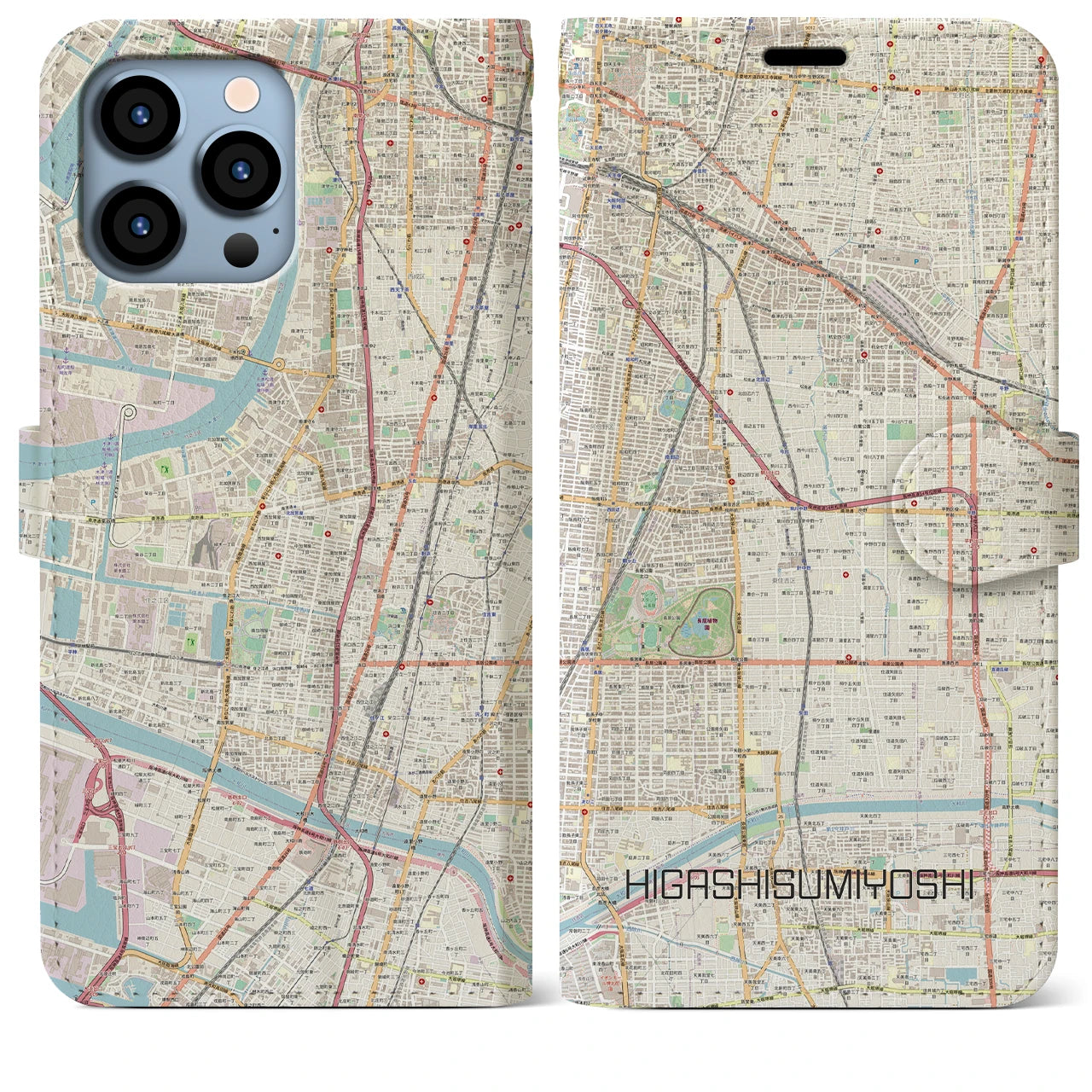 【東住吉】地図柄iPhoneケース（手帳両面タイプ・ナチュラル）iPhone 13 Pro Max 用