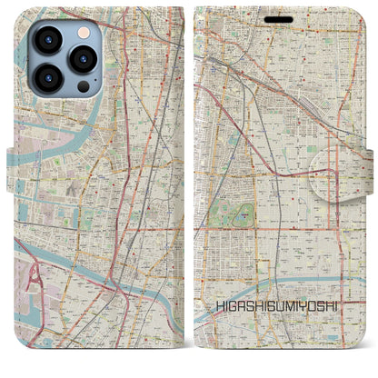 【東住吉（大阪府）】地図柄iPhoneケース（手帳タイプ）ナチュラル・iPhone 13 Pro Max 用