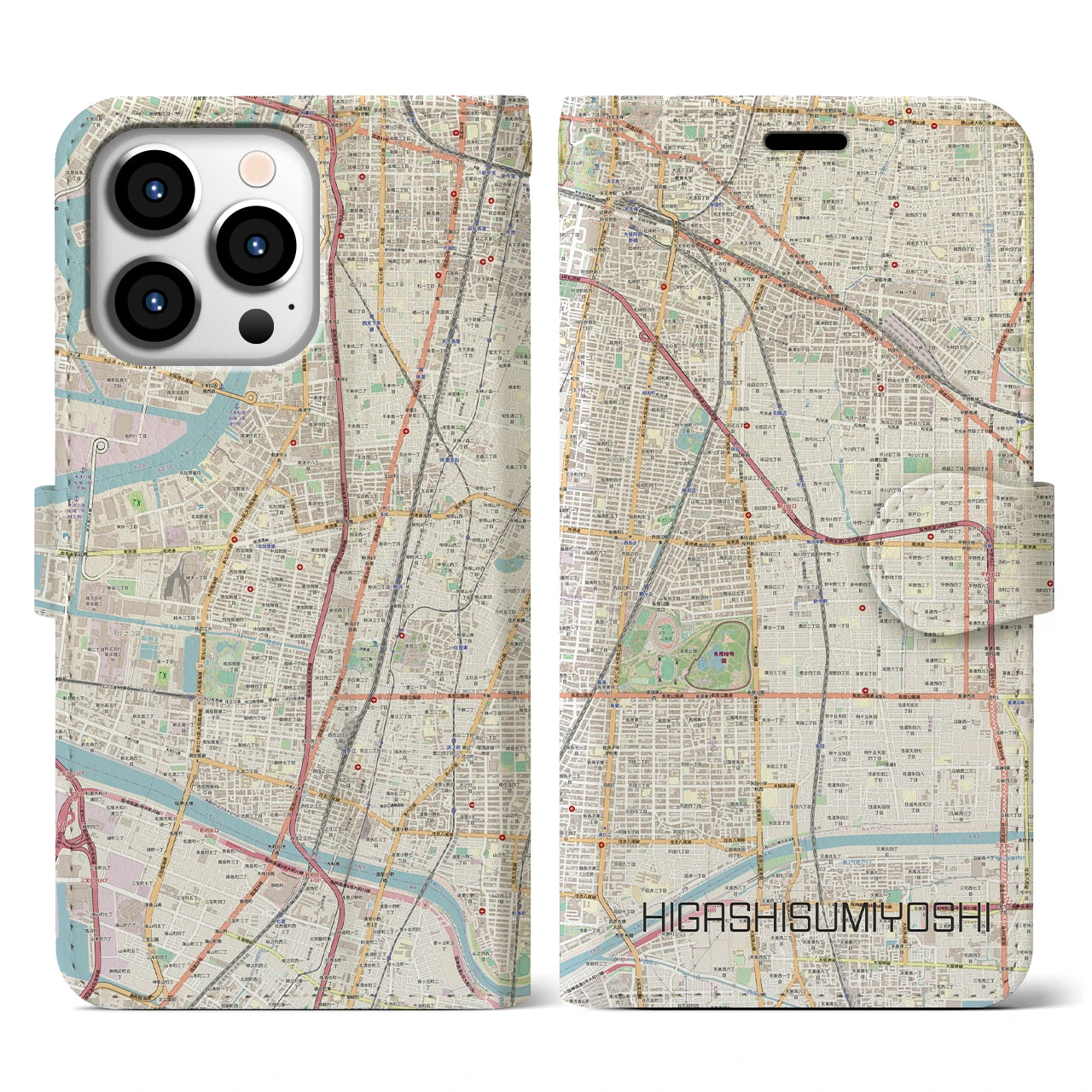 【東住吉】地図柄iPhoneケース（手帳両面タイプ・ナチュラル）iPhone 13 Pro 用