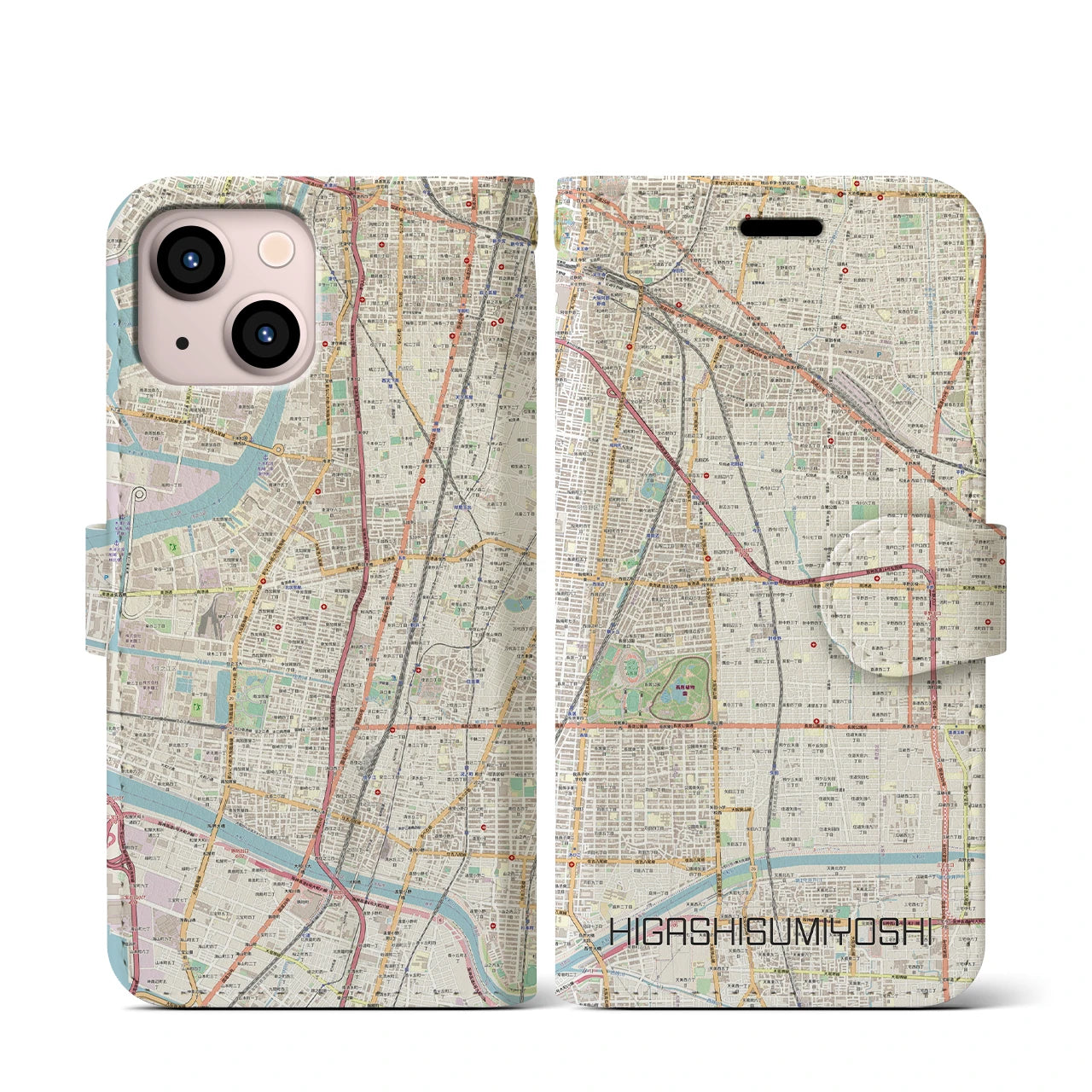 【東住吉】地図柄iPhoneケース（手帳両面タイプ・ナチュラル）iPhone 13 mini 用