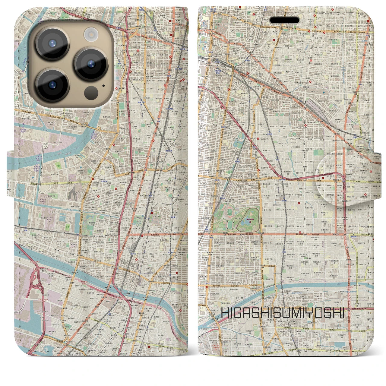 【東住吉】地図柄iPhoneケース（手帳両面タイプ・ナチュラル）iPhone 14 Pro Max 用