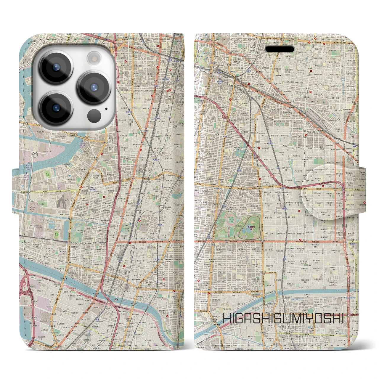 【東住吉】地図柄iPhoneケース（手帳両面タイプ・ナチュラル）iPhone 14 Pro 用