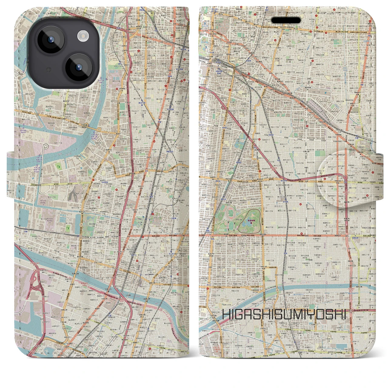 【東住吉】地図柄iPhoneケース（手帳両面タイプ・ナチュラル）iPhone 14 Plus 用