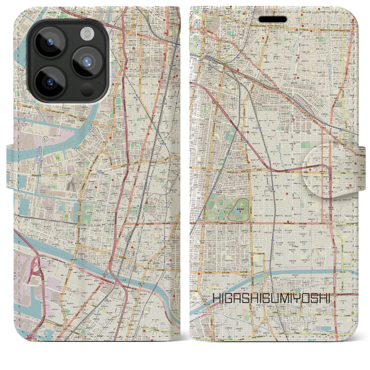 【東住吉】地図柄iPhoneケース（手帳両面タイプ・ナチュラル）iPhone 15 Pro Max 用
