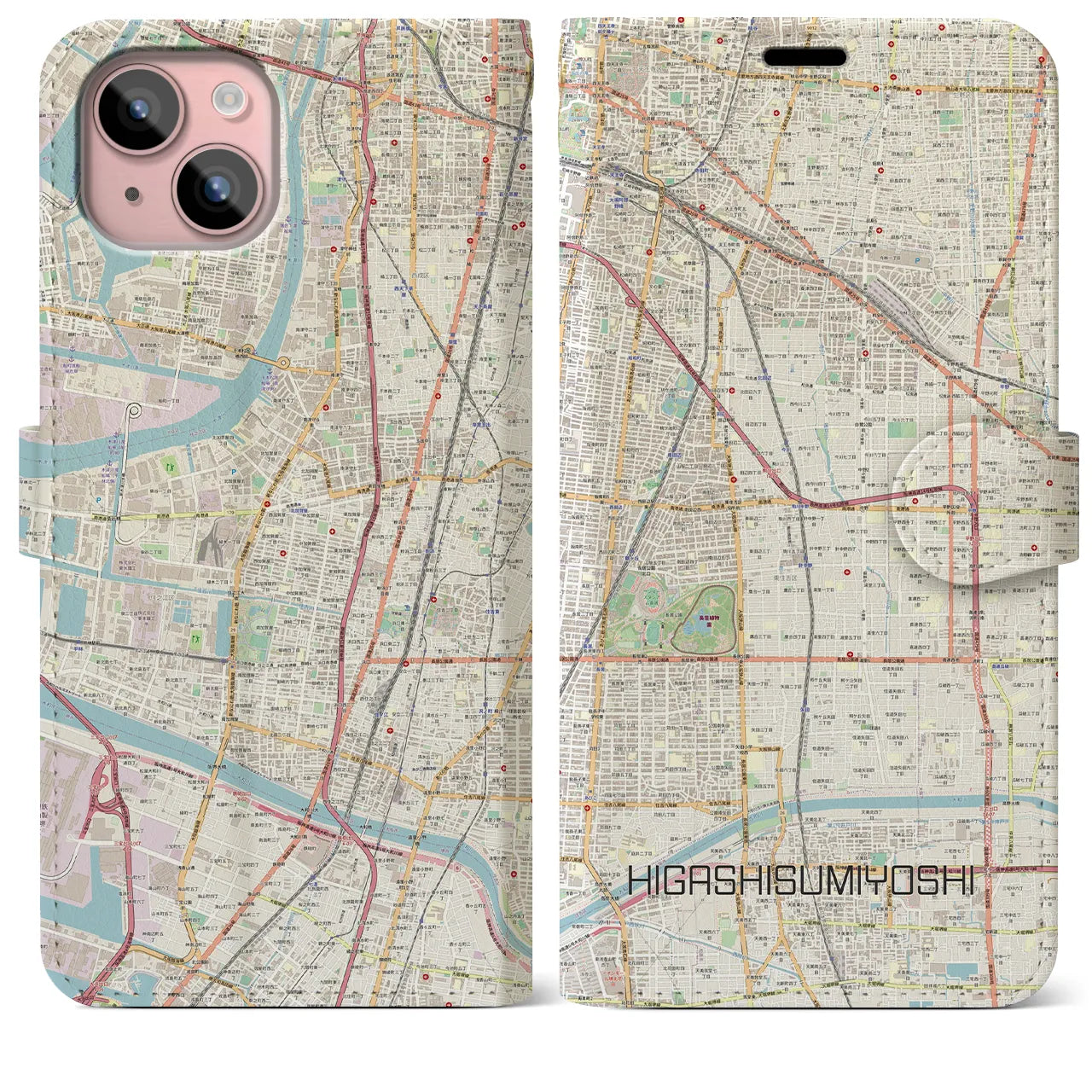 【東住吉】地図柄iPhoneケース（手帳両面タイプ・ナチュラル）iPhone 15 Plus 用