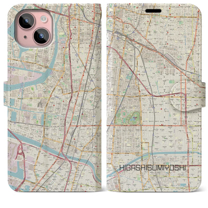 【東住吉（大阪府）】地図柄iPhoneケース（手帳タイプ）ナチュラル・iPhone 15 Plus 用