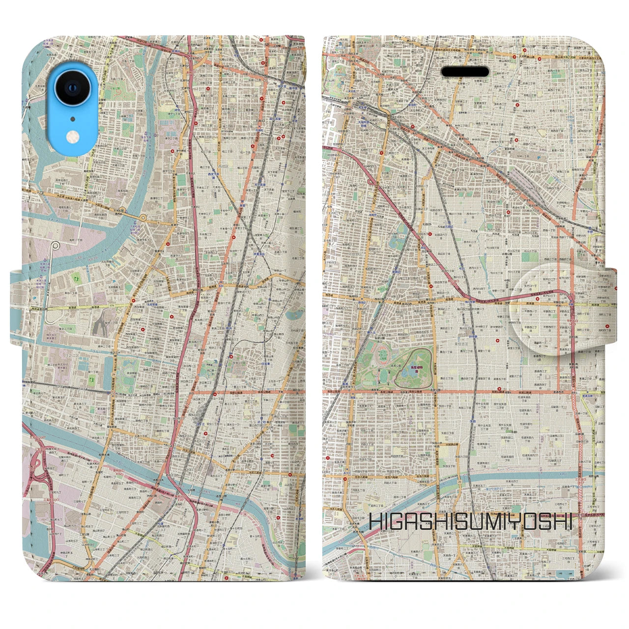 【東住吉】地図柄iPhoneケース（手帳両面タイプ・ナチュラル）iPhone XR 用