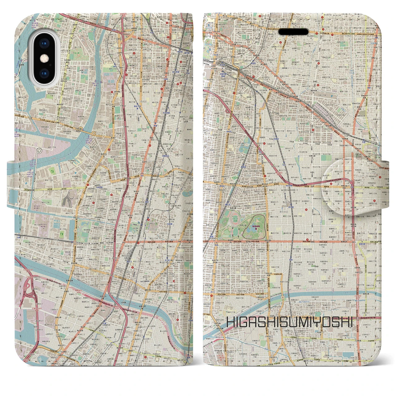 【東住吉】地図柄iPhoneケース（手帳両面タイプ・ナチュラル）iPhone XS Max 用
