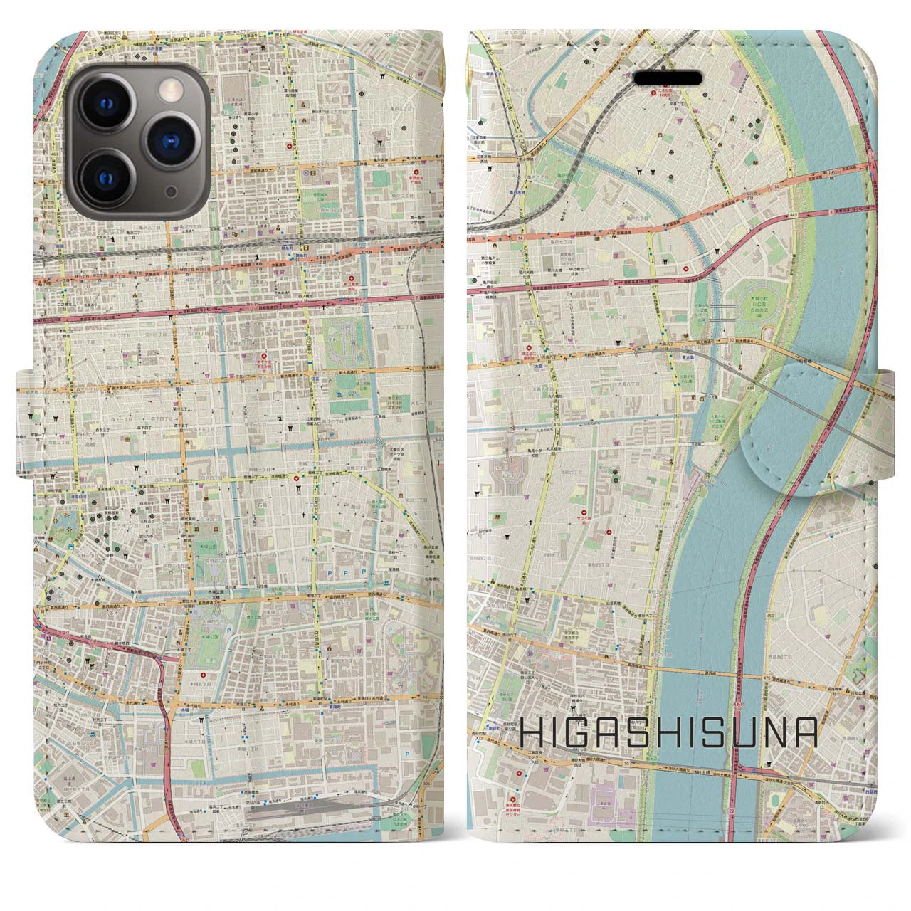 【東砂】地図柄iPhoneケース（手帳両面タイプ・ナチュラル）iPhone 11 Pro Max 用