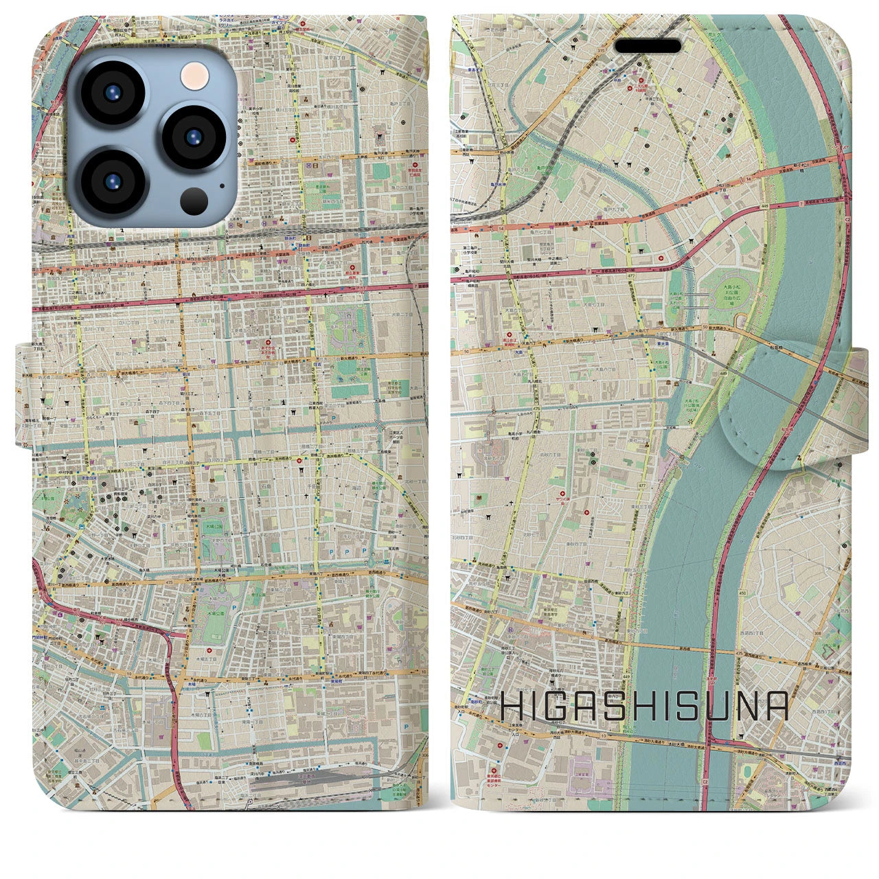 【東砂】地図柄iPhoneケース（手帳両面タイプ・ナチュラル）iPhone 13 Pro Max 用