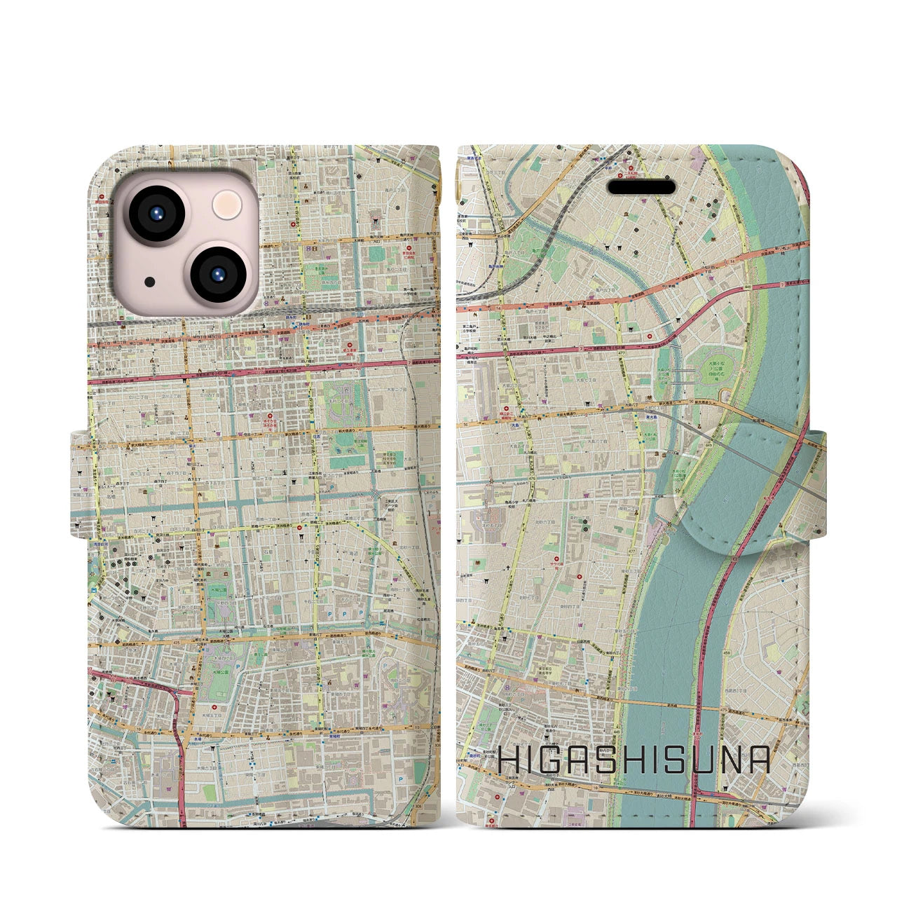 【東砂】地図柄iPhoneケース（手帳両面タイプ・ナチュラル）iPhone 13 mini 用