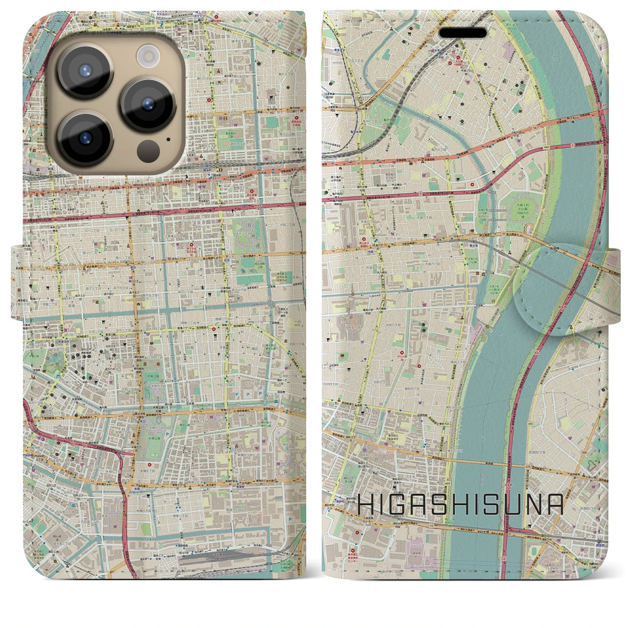 【東砂】地図柄iPhoneケース（手帳両面タイプ・ナチュラル）iPhone 14 Pro Max 用