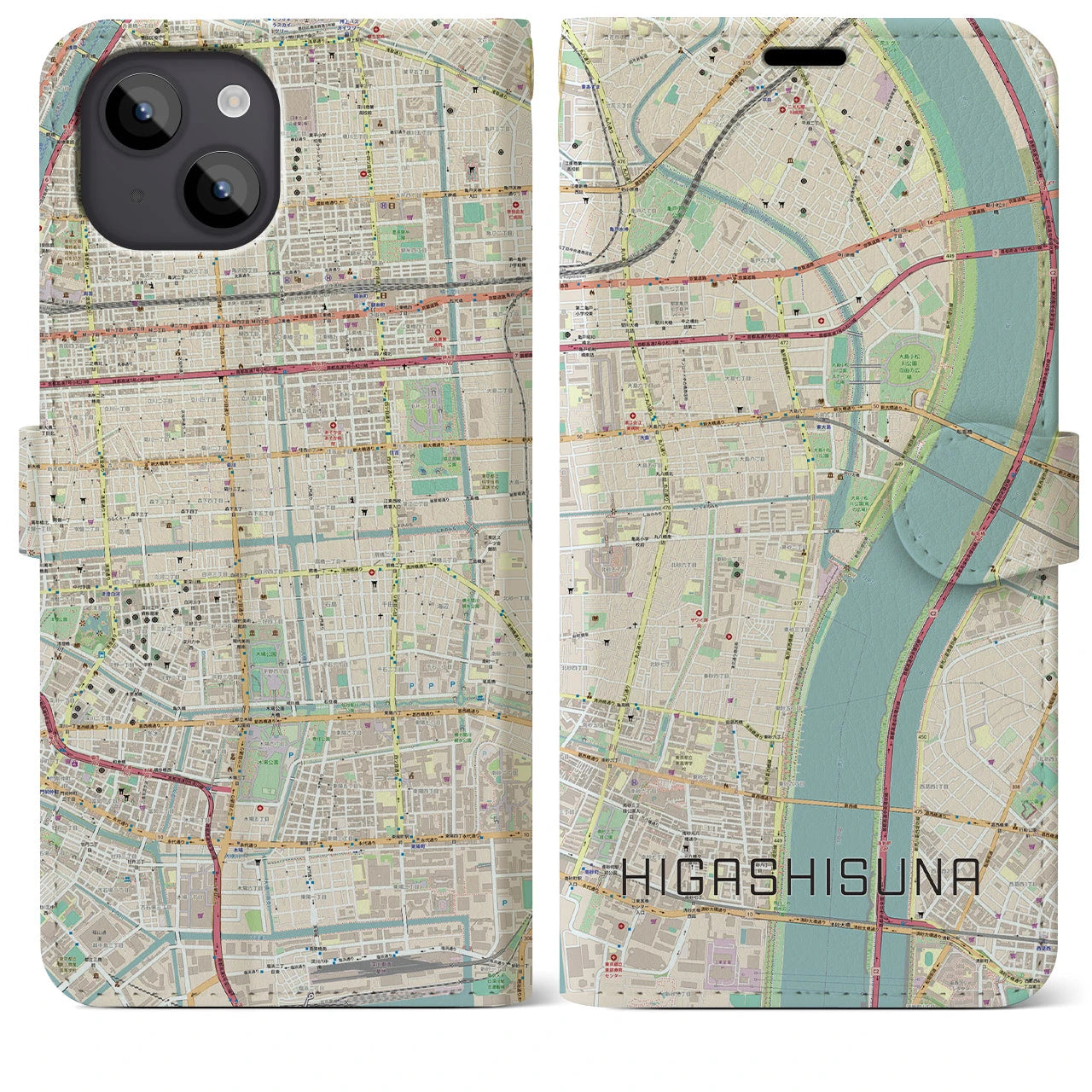 【東砂】地図柄iPhoneケース（手帳両面タイプ・ナチュラル）iPhone 14 Plus 用