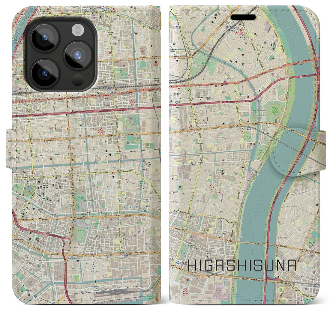 【東砂】地図柄iPhoneケース（手帳両面タイプ・ナチュラル）iPhone 15 Pro Max 用