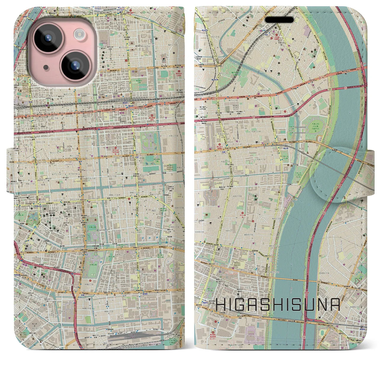 【東砂】地図柄iPhoneケース（手帳両面タイプ・ナチュラル）iPhone 15 Plus 用